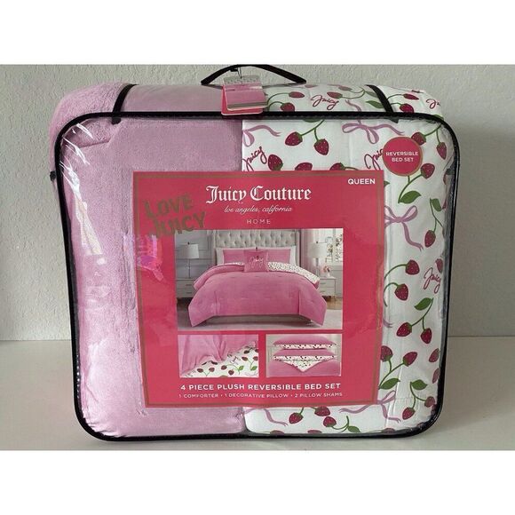 4 Pc Juicy Couture QUEEN Reversible Comforter Set Plush Pink Strawberries & Bows - Picture 1 of 16